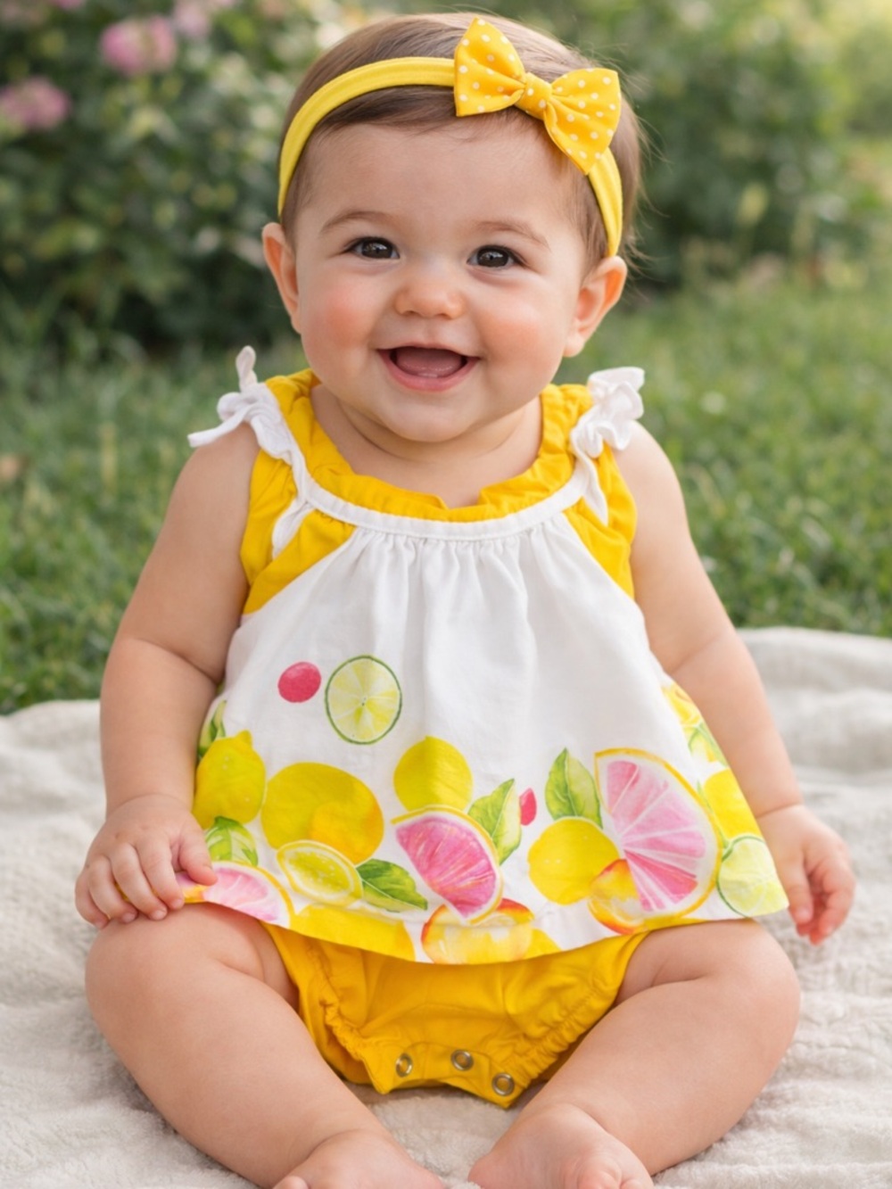 Girls Citrus Print White & Yellow Dress Set 3 Mos.